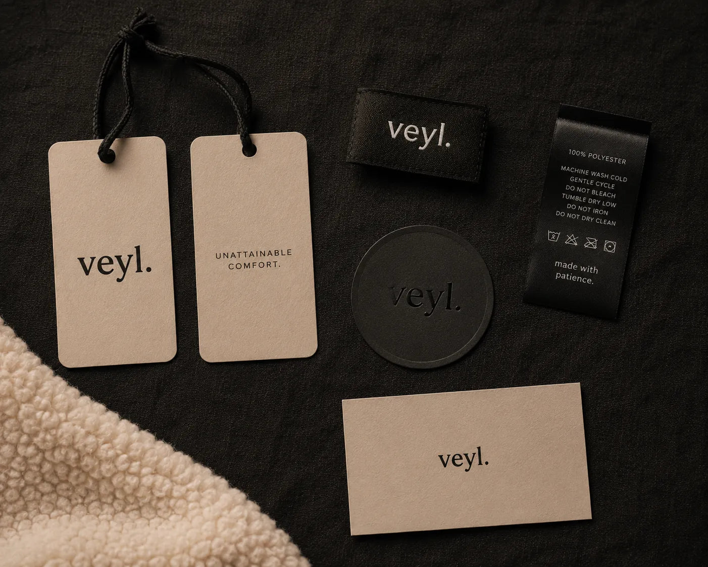 veyl. brand tag and care label on 600GSM fleece fabric